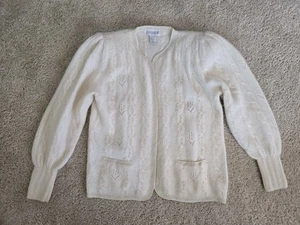 Vintage Sideffects Medium Lambswool Angora Nylon Beaded Cardigan Ivory Sweater - Picture 1 of 11