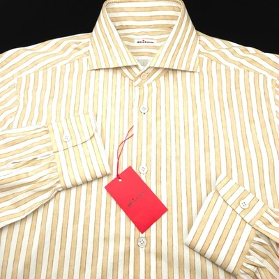 Kiton Vestito Camicia Uomo 16 35 36 Marrone Bianco Riga -Italia Cotone Elasticizzato Su Misura - Immagine 1 di 4