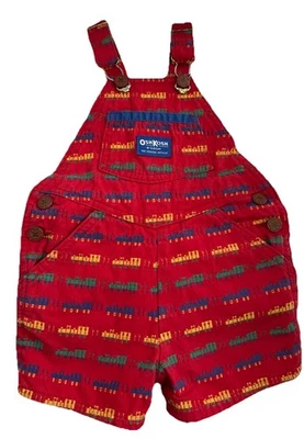 Vintage OshKosh B’gosh Baby Overalls 24M Red Train Print Shortalls USA Made - Image 1 of 4