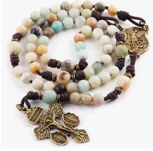 Handmade St. Michael Amazonite Stone Antique Bronze Paracord Rosary Prayer Beads - Picture 1 of 5
