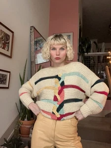 Vtg UNO & UNA Knit Sweater Sz L Colorful Cable Twist 80s 90s Indie Hipster Retro - Picture 1 of 10