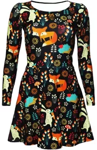 Vestido de patinador de manga larga con estampado de naturaleza animal zorro, conejo y erizo - Imagen 1 de 3