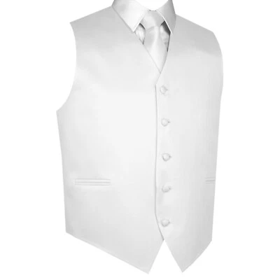 Men's White Satin Formal Tuxedo Vest Tie Hankie Set Wedding Prom Homecoming - Image 1 of 4