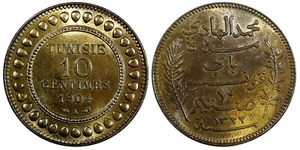 Tunisia Muhammad IV AH1322/1904 A 10 centesimi UNC KM# 229 (20 659) - Foto 1 di 3