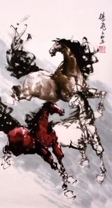 100% ORIGINAL ASIAN ART CHINESE FAMOUS ANIMAL WATERCOLOR PAINTING-Horses Racing - Picture 1 of 9