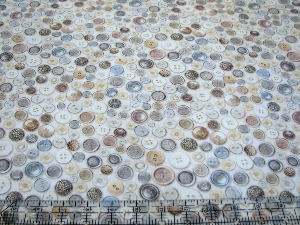 3 Yards Digital Cotton Fabric - QT Fabrics Cotton Couture Buttons Packed Ecru - Image 1 of 1