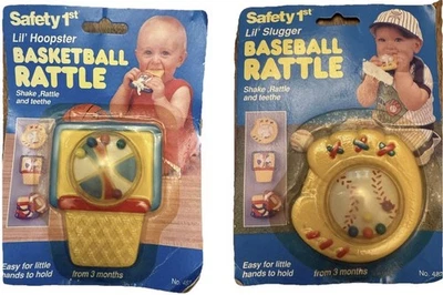 NIP Lot Of 2 VTG Safety 1st Baby Teether Basketball & Baseball Rattle Stock 1993 - Image 1 of 4
