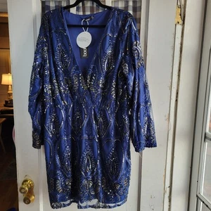 Boohoo Women's Navy Blue Embroidered Sequin Plunge Neck Mini Dress Size 16 NWT - Picture 1 of 9