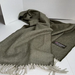 100%cashmere Scarf Olive/tan Harringbone NWOT Unisex Fall Casual Hippie Retro - Picture 1 of 4