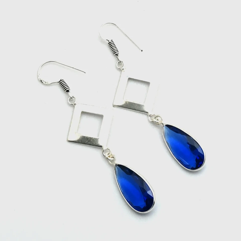 Brincos pendurados de gota feitos à mão de pedra preciosa de tanzanita joias femininas 2,2" AE-11643 - Imagem 1 de 1