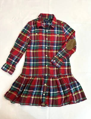 Polo Ralph Lauren Niña Talla 6 Franela Cuadros Camisa Vestido Codo Parche Botón Vacaciones Foto 1 de 4