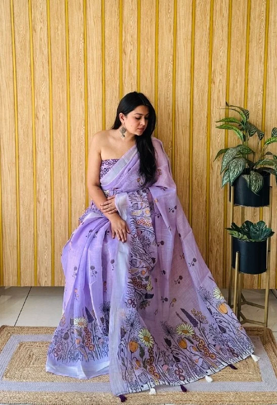 Hermoso look suave lino algodón sari con blusa para mujer ropa de boda Foto 1 de 1