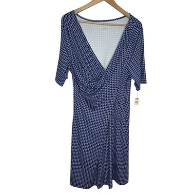 Talbots Faux Wrap Dress XL Blue Geometric Print V Neck Stretch Comfort Casual - Image 1 of 4