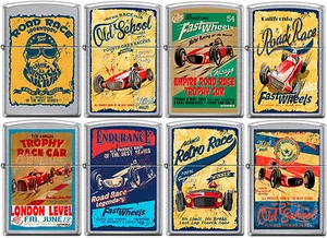 Zippo Old School 1950's Vintage Race Club Posters 8 Lighter Set Street Chrome - Picture 1 of 8