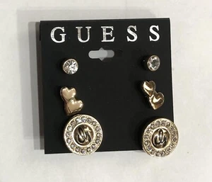 GUESS Gold Rhinestone Heart Shaped Signature Stud Earrings (A)186 - Picture 1 of 9