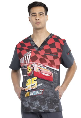 Lightning McQueen Cherokee Scrubs Tooniforms Disney Mens V Neck Top TF700 CSTQ - Image 1 of 4