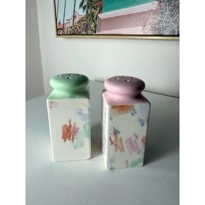 Salero y pimentero cuadrado arte abstracto rosa pastel vintage verde blanco Japón Foto 1 de 4