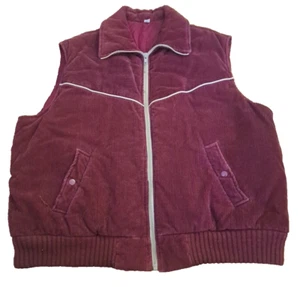 Mens Vintage Corduroy Puffer Vest Full Zip Pockets Burgundy Retro 80s Lined XL - Picture 1 of 7