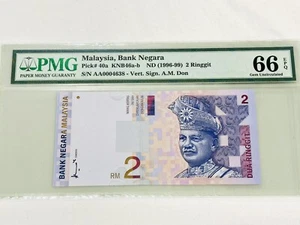 1996-99 Malaysia 2 Ringgit 1st Prefix Low no. - Gem Unc PMG66 EPQ - AA0004638 - Picture 1 of 2