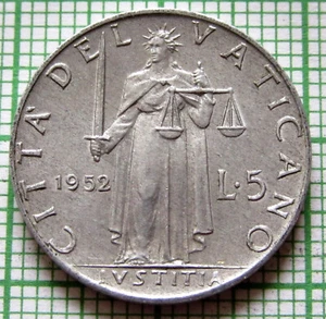 VATICAN PIVS PIUS XII 1952 5 LIRE, JUSTICE WITH SWORD & SCALES, ALUMINIUM - Picture 1 of 6