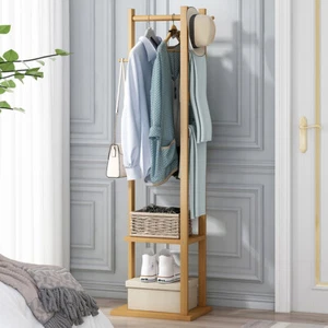 Versatile Bamboo Coat Stand Corner Clothes Rack Garment Shelf Hanging Rail Hooks - Picture 1 of 12