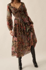 Boho Bouquet Smocked Floral Maxi Peasant Dress Size Medium - Picture 1 of 11