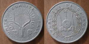 Djibouti 5 Francs 1977 Animal Coin Free Shipping Worldwide - Picture 1 of 3
