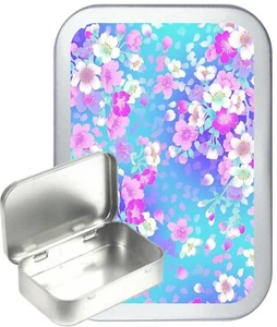 Blue Blossom Silver Hinged Tobacco Tin, Sewing Tin, Gift Tin, 1oz & 2oz - Picture 1 of 5