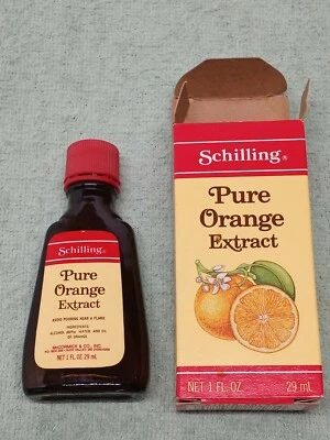 Vintage SCHILLING PURE ORANGE EXTRACT 1 OZ. GLASS SPICE BOTTLE & BOX  - Image 1 of 4