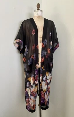Rachel Zoe Black Floral Sheer Chiffon Swim Suit Cover Kimono One Size - Image 1 of 4
