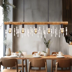 Hängelampe Holzleuchte Pendelleuchte Wohnzimmerlampe 5 flammig Glaskristalle - Bild 1 von 7