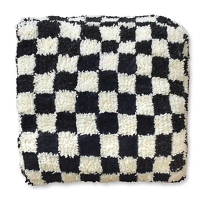 Checkered Floor Cushion Black  - 100% Wool  Seating Pillow XL Handmade Footstool - Picture 1 of 4