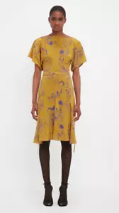 Victoria Beckham Dress Womens Size 2 Yellow Ochre Draped Sleeve Cutout Mini NEW - Picture 1 of 10