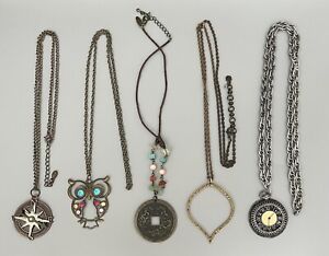 VTG Lot 5 Pendant Necklaces Unusual- Compass-Clock-Owl-Medalion-Rhinestone