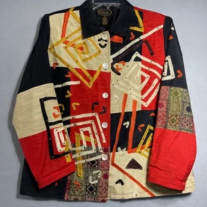 VTG Alex Kim Blazer Women M Black/ Red Geometric Button Up Collared Long Sleeve - Picture 1 of 16