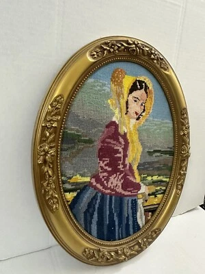 Gobelinebild bilder Bild Handarbeit Stickbild Gobeline Dame Frau 49x39 Oval Gold - Bild 1 von 4