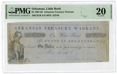 1861 Cr.1B $10 ARKANSAS Treasury Warrant - CIVIL WAR Era PMG VF 20 - Image 1 of 2