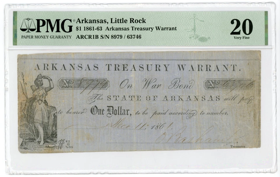 1861 Cr.1B $10 ARKANSAS Treasury Warrant - CIVIL WAR Era PMG VF 20 - Image 1 of 2