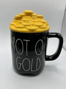 Rae Dunn Pot O' Gold Ceramic Coffee Mug Yellow Coins Topper Irish - Picture 1 of 5