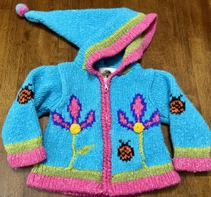 Earth Ragz GIRLS Boutique Wool Knit Hoodie Small S 2/3 Ladybug Flower Jacket - Picture 1 of 3