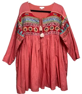 Velzera Embroidered Tunic Mini Dress Coral Women's Boho Tassel Plus 3XL Beaded - Picture 1 of 11