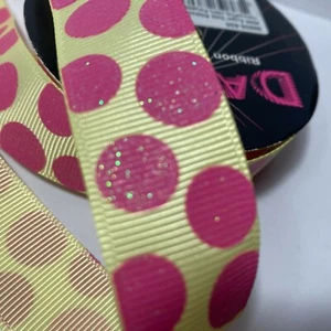 Pink Yellow Glitter Polka Dot Ribbed Ribbon Morex Dazzle 1 Roll 7/8" 4yd - Picture 1 of 12