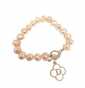Freshwater Pearls Pink Initial D Charm MOP Electroplated Gold Bracelet 7” - Picture 1 of 6