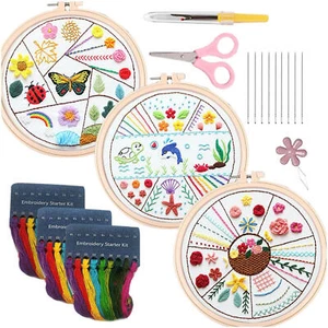 3 Sets Embroidery Starter Kit For Beginners Cross Stitch Stamped DIY Decor Craft - Picture 1 of 11