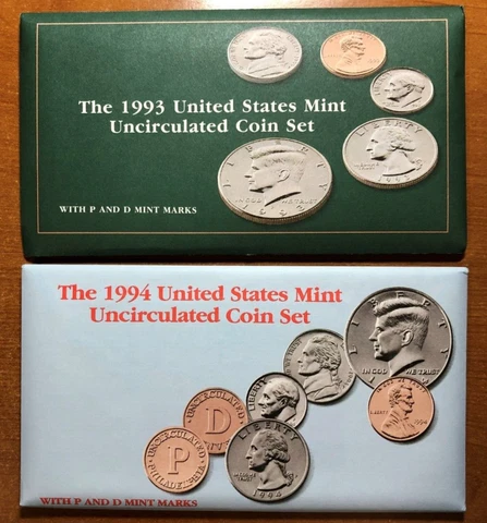 1993 & 1994 P&D US Mint Uncirculated Sets in Cello w/ OGP & Envelopes (20 Coins) Cover
