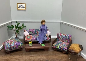 Handmade For Barbie MOD 70s Upholstered/Wooden Den 5pc Set 1:6 Scale Accessories - Picture 1 of 9