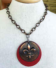 Renaissance Rev Fleur De Lis Red Leather Copper Pendant Choker Necklace 18-3/8"