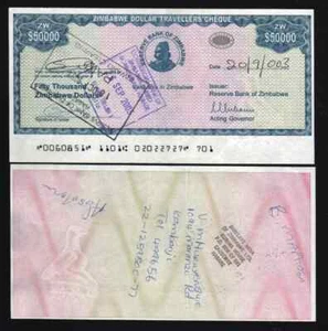 Zimbabwe 50000 DOLLARS P-19 2003 Travelers Cheque Used Zimbabwean Currency NOTE - Picture 1 of 6