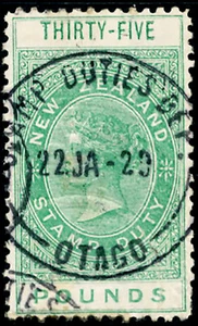 NZ, £35 QV REVENUE LONG TYPE, GREEN, 1880, UNPUNCHED, F, U. - Bild 1 von 1