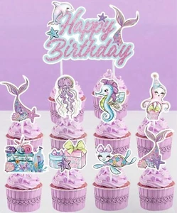 Gorgeous 17 Piece Birthday Cake Topper Cupcake Picks Set Mermaid Ocean Creatures - Picture 1 of 3